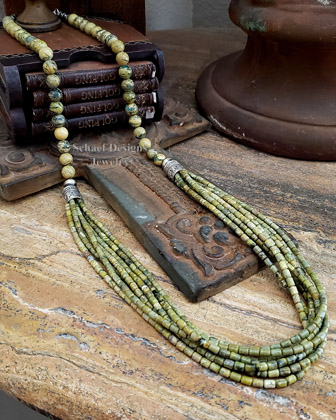Schaef Designs Green Serpentine Dragon Skin & Sterling Silver Southwestern Basics Long Multi Strand Necklace | Arizona