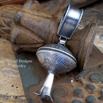 Old coin jewelry, silver dollar squash blossom pendant with bail  | Arizona