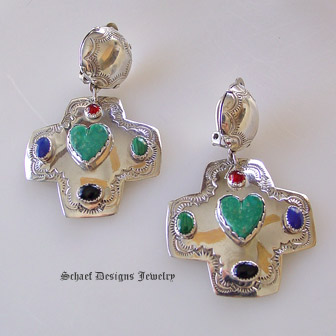 Joan Slifka Turquoise heart garnet lapis onyx malachite concho cross dangle clip earrings | online upscale Southwestern Equine Native American jewelry gallery boutique | Schaef Designs artisan handcrafted Jewelry | San Diego CA 