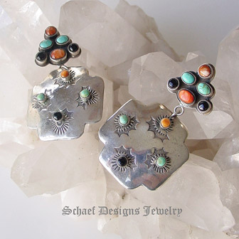 Vintage Pawn Southwestern style crosspath cluster top onyx, turquoise, spiny oyster & sterling silver post earrings | Collectible Native American Turquoise online Jewelry gallery | Schaef Designs Collectible artisan handcrafted Southwestern & Equine Jewelry | San Diego CA