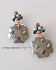 Vintage Pawn Southwestern style crosspath cluster top onyx, turquoise, spiny oyster & sterling silver post earrings | Collectible Native American Turquoise online Jewelry gallery | Schaef Designs Collectible artisan handcrafted Southwestern & Equine Jewelry | San Diego CA 