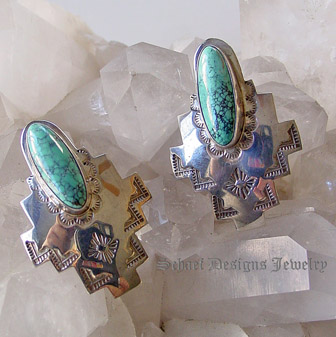 Spiderweb Turquoise & Sterling Silver artist Signed HJ post earrings | old pawn | Schaef Designs Native American Southwestern & Equine Jewelry | Online upscale southwestern equine jewelry boutique gallery | San Diego CA   