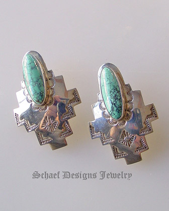 Spiderweb Turquoise & Sterling Silver artist Signed HJ post earrings | old pawn | Schaef Designs Native American Southwestern & Equine Jewelry | Online upscale southwestern equine jewelry boutique gallery | San Diego CA   