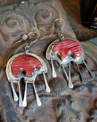 Artist signed Native American Navajo Les Baker red spiny oyster shell & sterling silver bear earrings on french wires | Schaef Designs artisan handcrafted Southwestern, Native American & Equine Jewelry | Online upscale southwestern equine jewelry boutique gallery | San Diego CA 