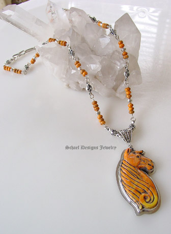 Francisco Gomez Carved Spiny Oyster Shell Horse Pendant | Spiny Oyster Shell Inlaid Beads and Sterling Silver Chain Necklace with Inlaid Toggle | online upscale equine jewelry boutique | Schaef Designs Southwestern Jewelry | San Diego CA 