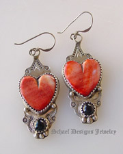  Native American Artist signed BR Spiny Oyster Shell & black onyx heart Dangle Earrings | Native American Turquoise Jewelry | Schaef Designs Collectible artisan handcrafted Southwestern & Equine Jewelry | San Diego CA 