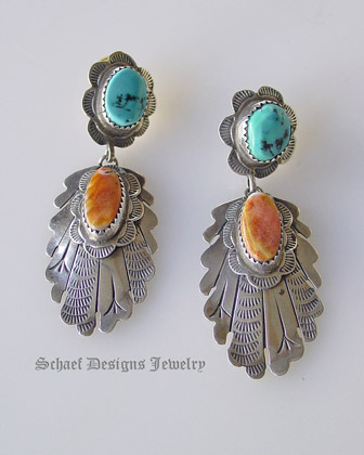  Old pawn Blue Turquoise & orange spiny oyster shell & Stamped Sterling Silver POST Earrings | Native American Turquoise Equine Jewelry online gallery | Schaef Designs Collectible artisan handcrafted Southwestern & Equine Jewelry | San Diego CA 