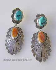 Old pawn Blue Turquoise & orange spiny oyster shell & Stamped Sterling Silver POST Earrings | Native American Turquoise Jewelry | Schaef Designs Collectible artisan handcrafted Southwestern & Equine Jewelry | San Diego CA 