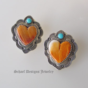 Artist signed Orange Spiny Oyster Shell & Blue Turuqoise Heart Post Earrings | Native American Turquoise online Jewelry Gallery | Schaef Designs Collectible artisan handcrafted Southwestern & Equine Jewelry | San Diego CA
