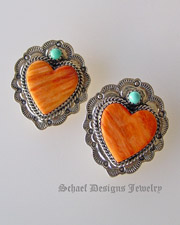  Artist signed RB Orange Spiny Oyster Shell & Blue Turuqoise Heart Post Earrings | Native American Turquoise online Jewelry Gallery | Schaef Designs Collectible artisan handcrafted Southwestern & Equine Jewelry | San Diego CA 