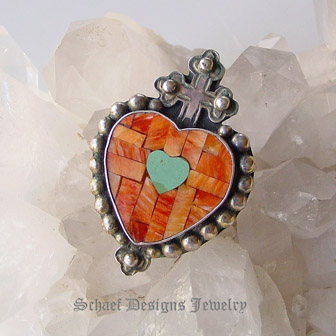 Artist signed DM Orange Spiny Oyster shell & turquoise & sterling silver heart mosaic inlaid heart pin pendant | online jewelry Southwestern Equine Jewelry gallery boutique| Schaef Designs Upscale Southwestern Native American Jewelry | San Diego CA 