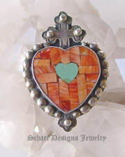 Artist signed DM Orange Spiny Oyster shell & turquoise & sterling silver heart mosaic inlaid heart pin pendant | online jewelry Southwestern Equine Jewelry gallery boutique| Schaef Designs Upscale Southwestern Native American Jewelry | San Diego CA