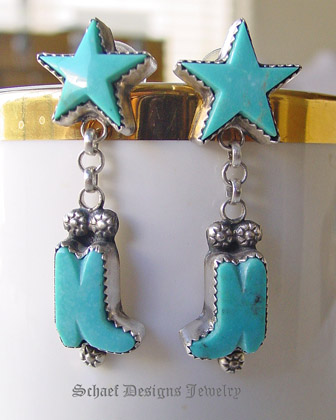 Rocki Gorman Gary G artist signed star boot Southwestern Turquoise Dangle Earrings | upsale collectible Southwestern Native American Equine totem animal online Jewelry gallery | Galisteo Collection | Schaef Designs artisan handcrafted southwestern jewelry | San Diego CA