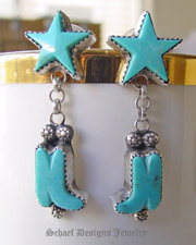  Artist signed Rocki Gorman Gary G turquoise star & boot & sterling silver old santa fe style dangle earrings | Native American Turquoise online Jewelry Gallery | Schaef Designs Collectible artisan handcrafted Southwestern & Equine Jewelry | San Diego CA 