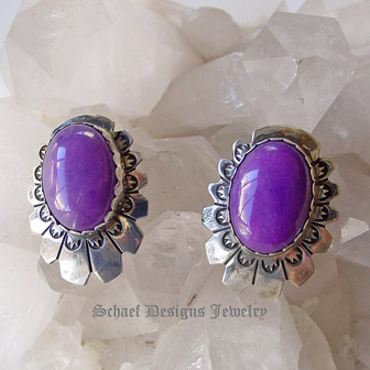 Sugilite & Sterling Silver signed Native American Clip Earrings | Upscale online Southwestern, Equine, & Native American Jewelry Gallery Boutique | Schaef Designs artisan handcrafted Jewelry | San Diego CA 