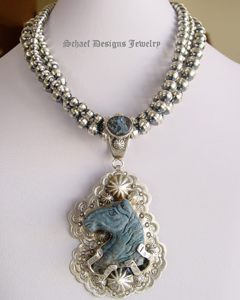 Schaef Designs Oxidized Antiqued Sterling Silver 3 Strand Southwestern Necklace for Rocki Gorman Gary G Schaef Designs & Dan Dodson Pendants | upscale online Native American Southwestern Equine Jewelry gallery boutique | Schaef Designs artisan hand-crafted jewelry | San Diego CA 