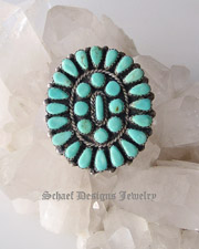 Old pawn Blue Turquoise & Sterling Silver large cluster ring | Collectible Native American Turquoise online Jewelry gallery | Schaef Designs Collectible artisan handcrafted Southwestern & Equine Jewelry | San Diego CA 