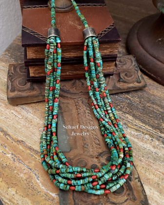  Schaef Designs 7 strand turquoise heishi & coral Southwestern necklace | Southwestern Necklace Basics collection | Arizona