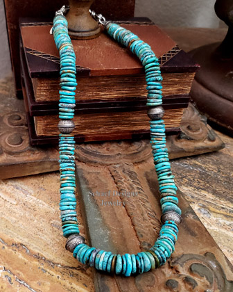 Schaef Designs Turquoise disk & Sterling Silver Stamped Bench Bead Necklace | Arizona