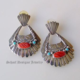 Unsigned pawn red spiny oyster shell & turquoise with stamped sterling silver fan post earrings | online Native American, Southwestern, Equine jewelry boutique| Schaef Designs Upscale artisan handcrafted Southwestern Jewelry | San Diego CA 