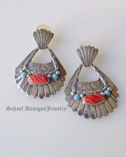 Unsigned pawn red spiny oyster shell & turquoise with stamped sterling silver fan post earrings | online jewelry boutique| Schaef Designs Upscale Southwestern Jewelry | San Diego CA