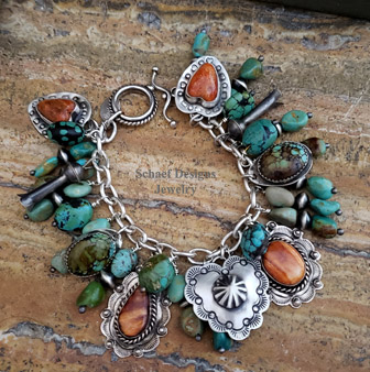 Schaef Designs Orange Spiny Turquoise Heart & Sterling Silver Southwestern Charm Bracelet | Arizona