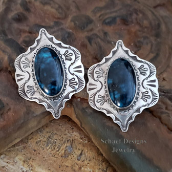 Native American Artist signed LLL Morenci (?) Turquoise & Stamped Sterling Silver POST Earrings | Native American artisan handcrafted, equine, southwestern Turquoise Jewelry | Schaef Designs Collectible artisan handcrafted Southwestern & Equine Jewelry | Schaef Designs online Jewelry Gallery | San Diego CA 