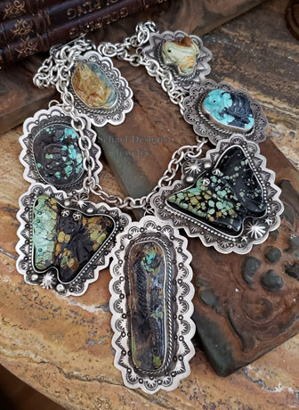 Schaef Designs Turquoise Totem Animal necklace with carved turquoise lizard, butterflies, turtles, and frogs |  Arizona