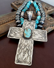Large Stamped VJP Sterling Silver & #8 Turquoise Cross Southwestern Pendant | Arizona