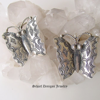 Vincent Platero Stamped silver vintage butterfly earrings| Online Jewelry Boutique | Schaef Designs Vintage Southwestern Jewelry | San Diego, CA 
