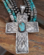 Large Stamped VJP Sterling Silver & #8 Turquoise Cross Southwestern Pendant | Arizona