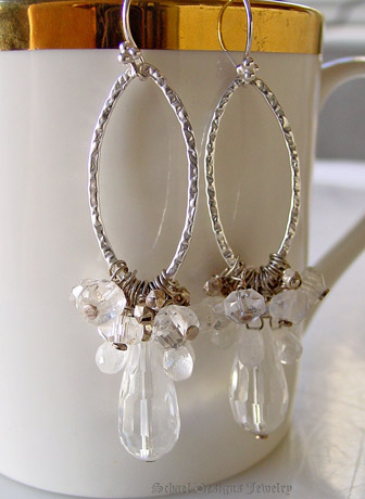  Schaef Designs Large Faceted Clear Crystal teardrops topped with sterling silver & moonstone & crystal nuggets and hammered silver link dangle earrings | New Mexico 
