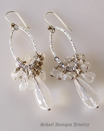  Schaef Designs Large Faceted Clear Crystal teardrops topped with sterling silver & moonstone & crystal nuggets and hammered silver link dangle earrings | New Mexico