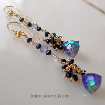 Schaef Designs Deep purple mystic amethyst and black spinel on 22kt gold vermeil dangle earrings | New Mexico 