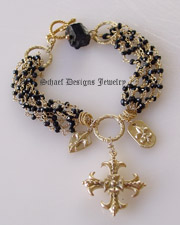 Black Tourmaline & 24kt Gold Vermeil gemstone maltese cross & fleur de lis charm bracelet  | Schaef Designs artisan handcrafted gemstone Jewelry | upscale online jewelry gallery boutique | San Diego, CA 