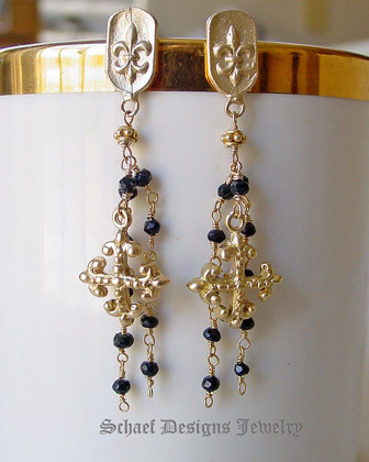 Black Tourmaline & 24kt Gold Vermeil gemstone maltese cross & fleur de lis charm earrings  | Schaef Designs artisan handcrafted gemstone Jewelry | upscale online jewelry gallery boutique | San Diego, CA