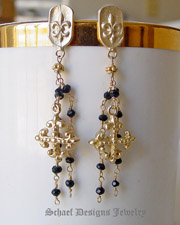 Black Tourmaline & 24kt Gold Vermeil gemstone maltese cross & fleur de lis charm earrings  | Schaef Designs artisan handcrafted gemstone Jewelry | upscale online jewelry gallery boutique | San Diego, CA 