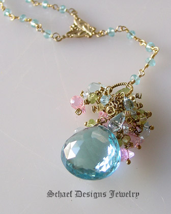 Large 25 Ct Blue Topaz briolette, peridot, yeloow and blue topaz, & pink CZ Monet rosary style necklace with 24kt gold vermeil & blue topaz linked chain | Gem encrusted blue topaz pendant | Upscale Artisan handcrafted Gemstone & Pearl Jewelry | Schaef Designs San Diego CA 