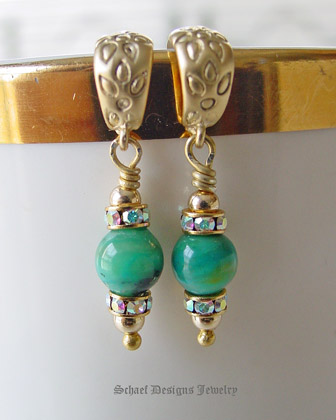 Schaef Designs Deep blue green peruvian opals earrings with crystals on 22kt gold vermeil | New Mexico 