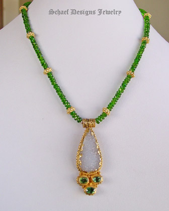 Deep green chrome diopside, white druzy, & 24kt gold vermeil pendant on chrome diopside necklace | Schaef Designs artisan handcrafted gemstone Jewelry | upscale online jewelry gallery boutique | San Diego, CA 