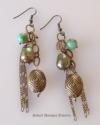 Chrysocolla Smokey Topaz Nuggets Large olive freshwater pearls bronze chains & beads multi strand earrings | Bronze Collection | upscale online artisan handcrafted gemstone jewelry gallery boutique | Schaef Designs Artisan Handcrafted Gemstone Jewelry | San Diego, CA 