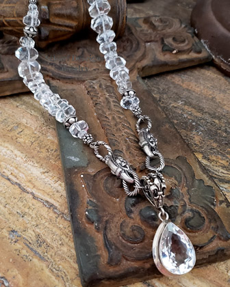 Stunning clear quartz and sterling silver necklace with fluer de lis details and large white topaz solitaire pendant | Schaef Designs jewelry | Signature Collection