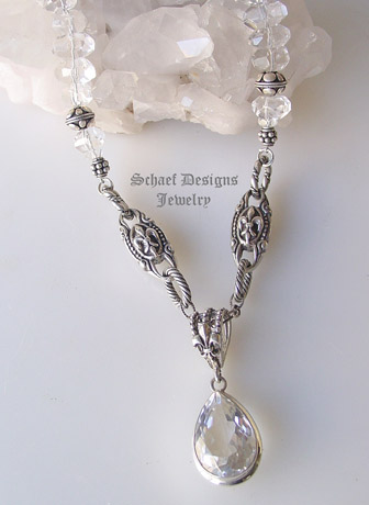 Stunning clear quartz and sterling silver necklace with fluer de lis details and large white topaz solitaire pendant | Schaef Designs jewelry | Signature Collection