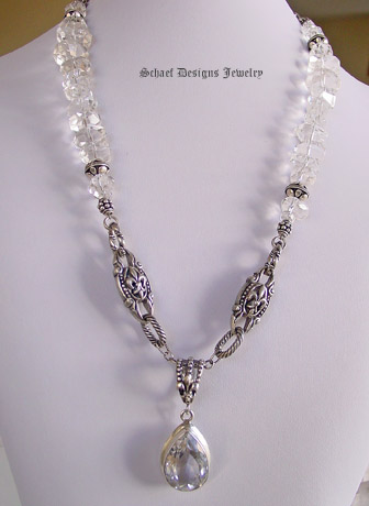 Stunning clear quartz and sterling silver necklace with fluer de lis details and large white topaz solitaire pendant | Schaef Designs jewelry | Signature Collection | Schaef Designs jewelry | Signature Collection