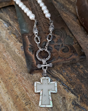 Schaef Designs Druzy Opal Cross pendant on pearl & Sterling silver chain necklace New Mexico 