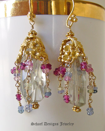 Prasiolite, sapphire, rhodolite garnets and 22kt gold vermeil gemstone earrings dangle from  Gold Vermeil Dangle Ear wires | Schaef Designs artisan handcrafted gemstone jewelry | online jewelry boutique | San Diego, CA 