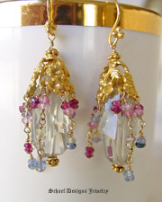 Miriam Haskell inspired Prasiolite, Tanzanite, Sapphire, Rhodolite Garnets and 22kt gold vermeil Dangle Earrings | Schaef Designs artisan handcrafted gemstone jewelry | online jewelry boutique | San Diego, CA 