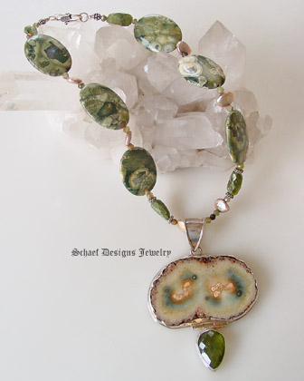 Rhyolite coin pearl vesuvianite and sterling silver necklace with green amethyst slab & vesuvianite Pendant | upscale online gemstone jewelry boutique | Schaef Designs handcrafted artisan gemstone jewelry |San Diego, CA 