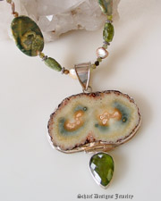 Rhyolite, Peach Coin Pearl, Peach Moonstone, Vesuvianite, gemstone Necklace | Online Upscale artisan handcrafted gemstone jewelry boutique | Schaef Designs Gemstone Jewelry | San Diego, CA 
