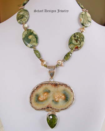 Rhyolite coin pearl vesuvianite and sterling silver necklace with green amethyst geode slab & vesuvianite Pendant | upscale online gemstone jewelry boutique | Schaef Designs handcrafted artisan gemstone jewelry |San Diego, CA 